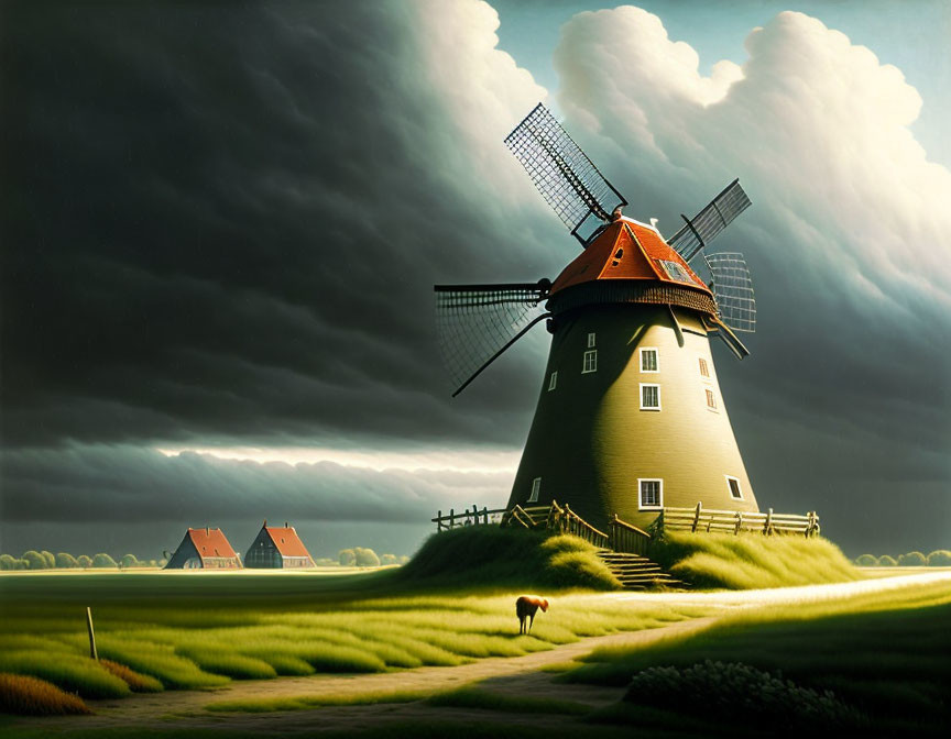 Traditional windmill in grassy field under dramatic sky with houses and grazing horse