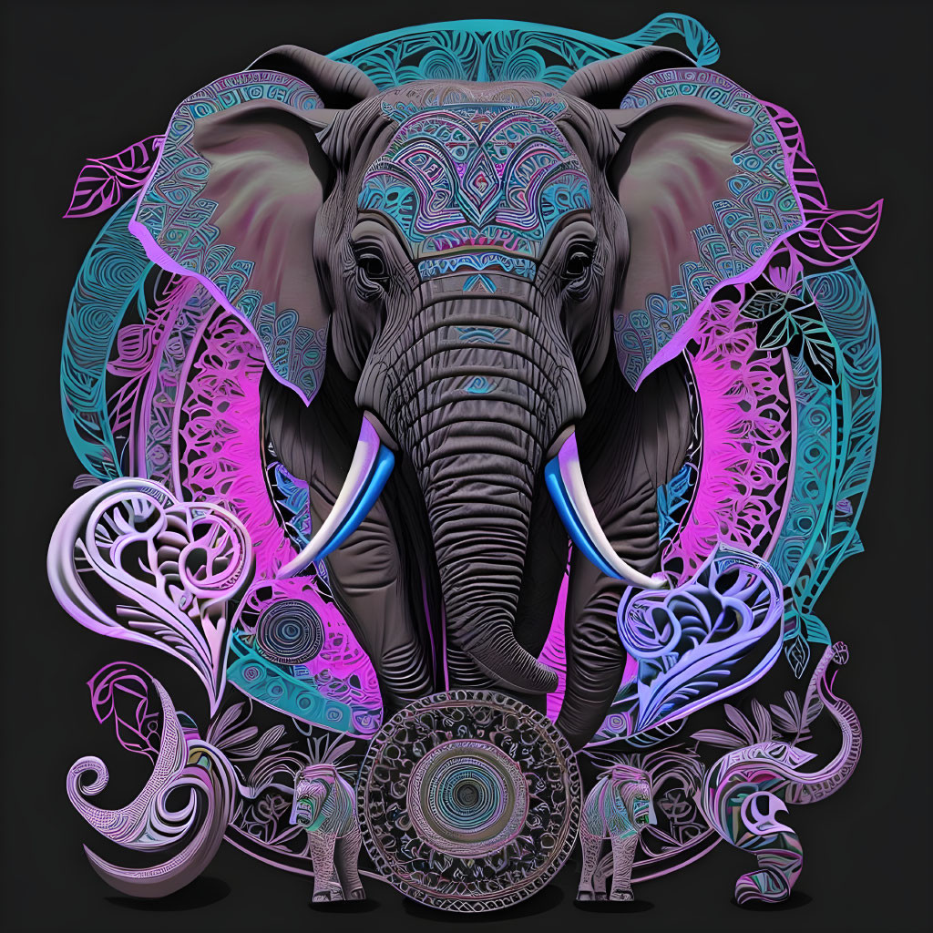 Decorated Elephant Digital Art in Purple, Blue, and Pink