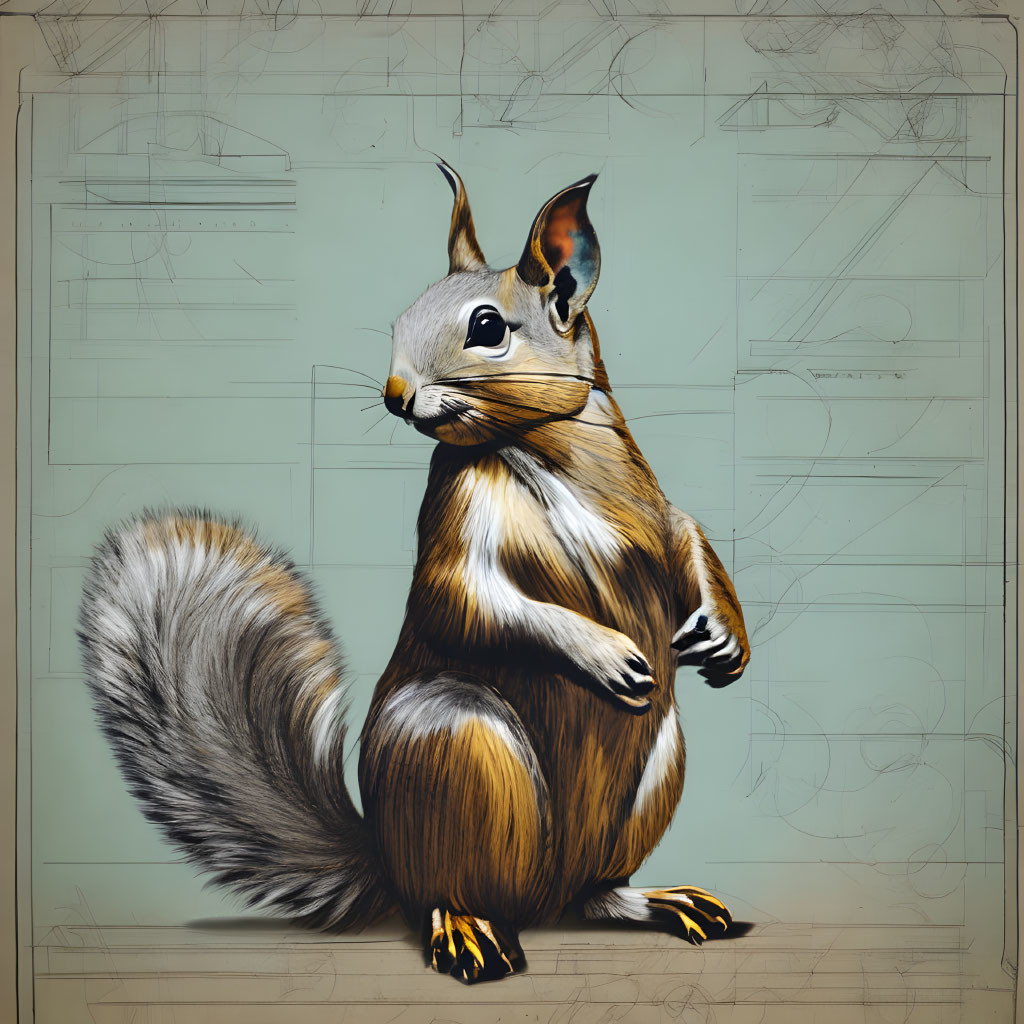 Detailed fur texture and prominent whiskers on a squirrel against a sketched background