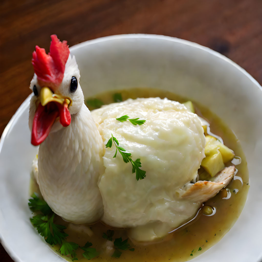 Ceramic chicken figurine on bowl of chicken and dumplings with parsley