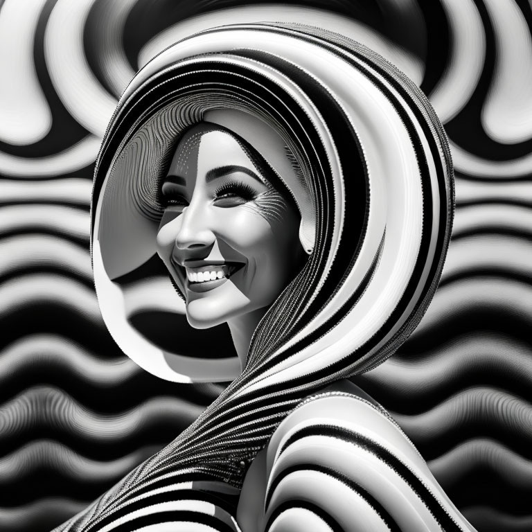 Monochromatic stylized digital artwork of a smiling woman with swirling patterns