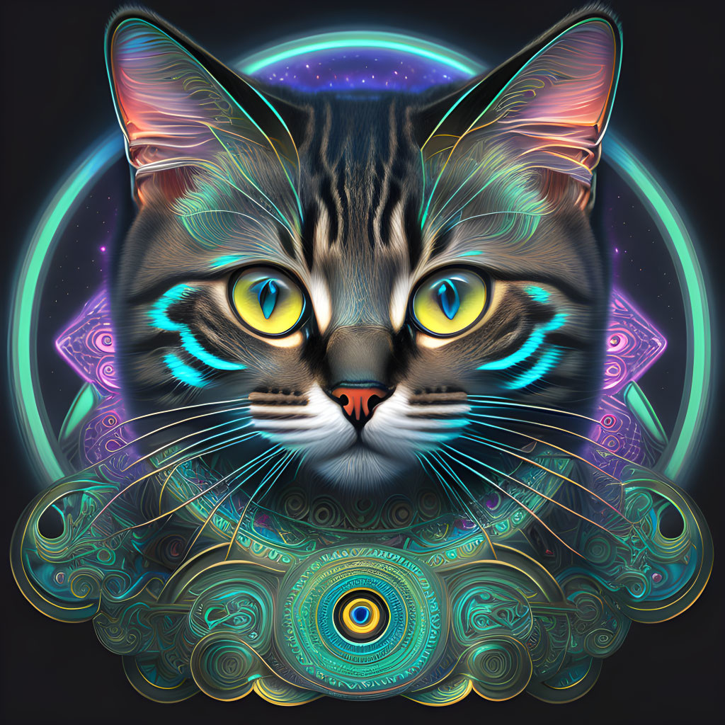 Colorful digital cat face artwork with intricate patterns and glowing elements