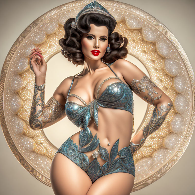 Stylized woman with ornate tattoos in metallic lingerie pose in circular frame