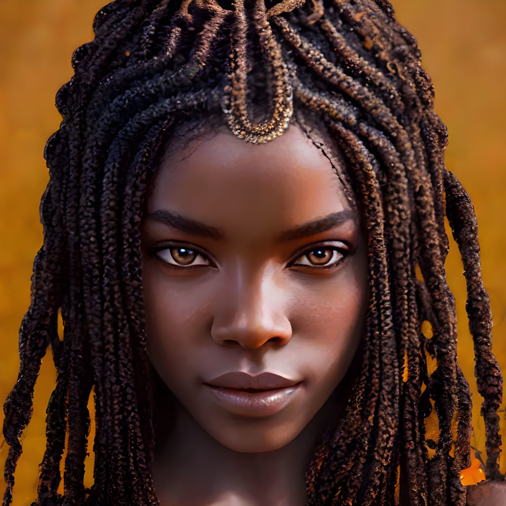 Detailed Digital Portrait of Woman with Braided Hair and Striking Eyes on Ochre Background