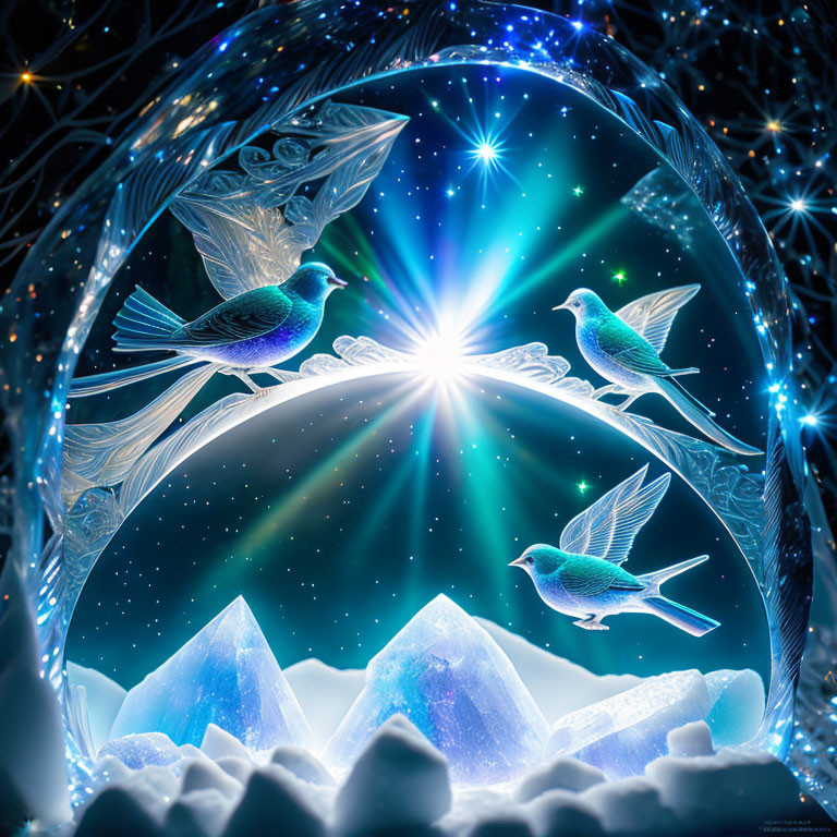 Three vibrant blue birds around glowing archway with crystals in starry sky