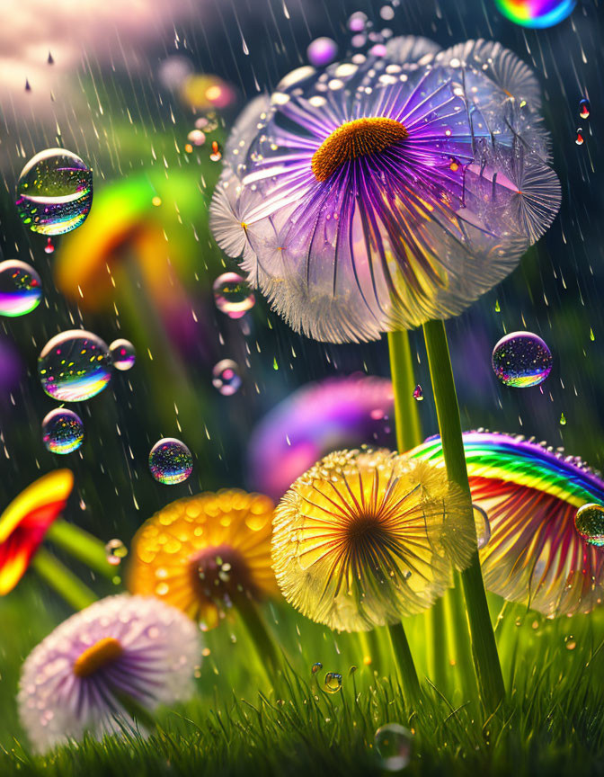 Colorful Mushrooms in Raindrops and Bubbles with Bokeh Background