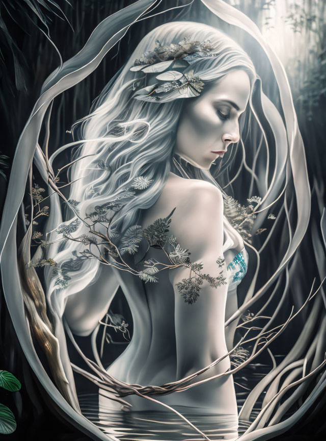 Ethereal woman with long hair in mystical forest landscape