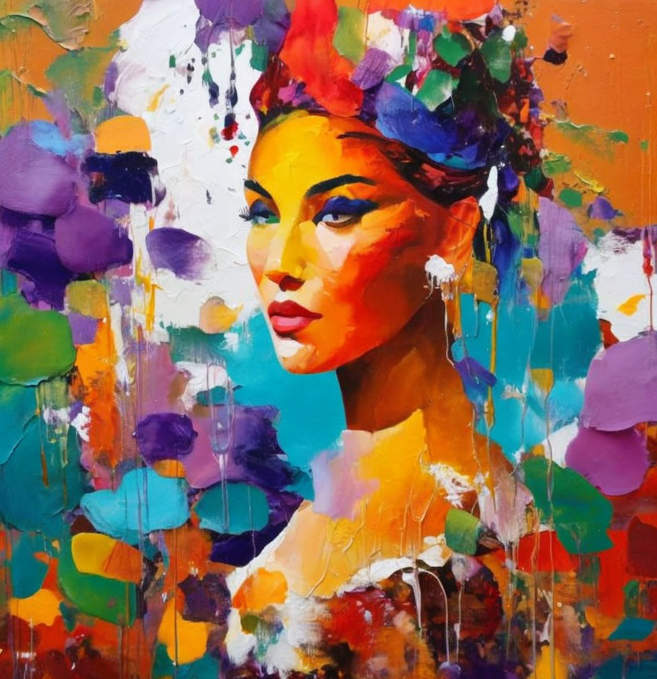 Vibrant abstract portrait of a woman with colorful paint splashes