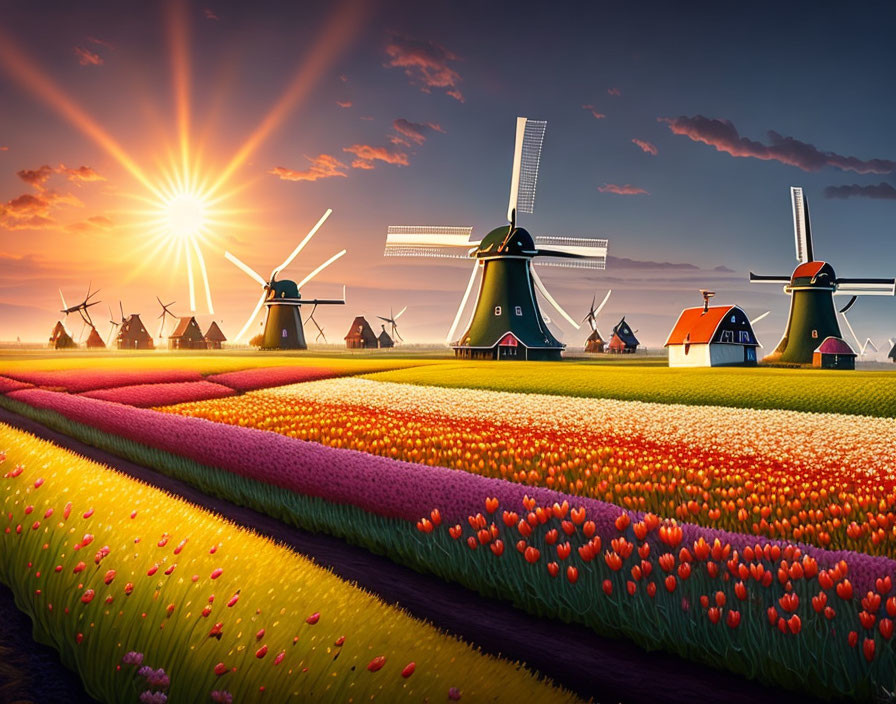 Scenic tulip fields and windmills under sunset sky