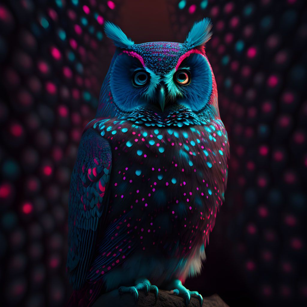 Colorful Digital Art: Owl in Neon Blue and Pink on Swirling Background