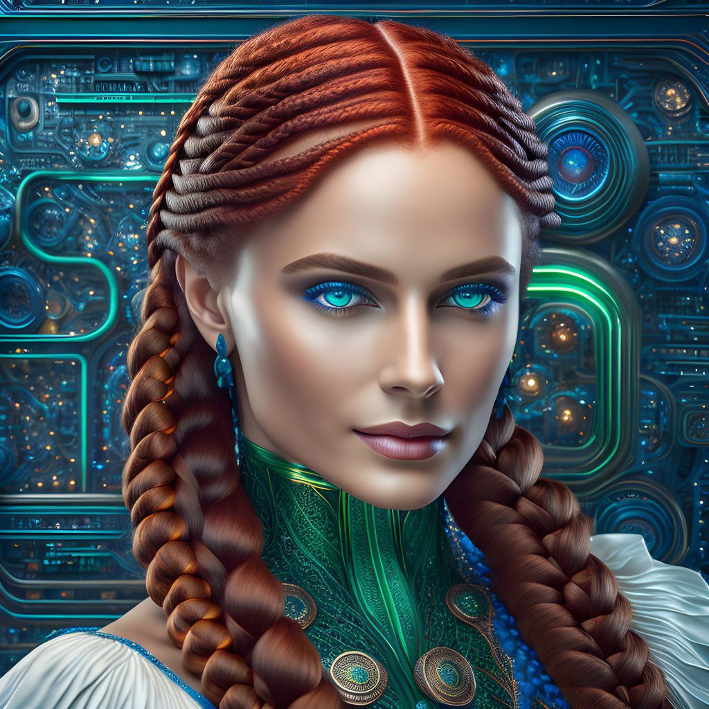 Digital artwork: Woman with auburn hair and blue eyes in futuristic setting