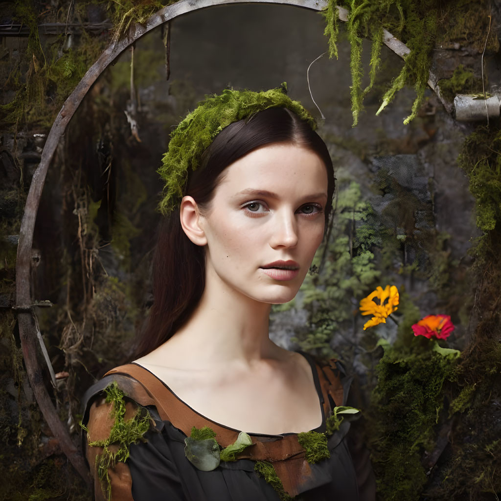 Serene woman in nature-themed attire with moss and flower backdrop