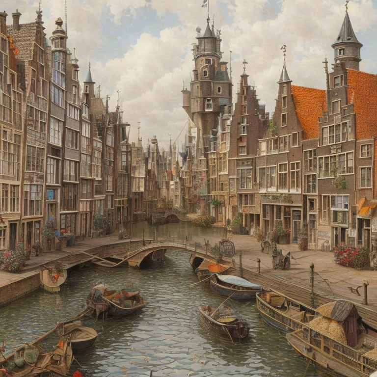 Historical European canal painting with boats, crowds, and gabled buildings