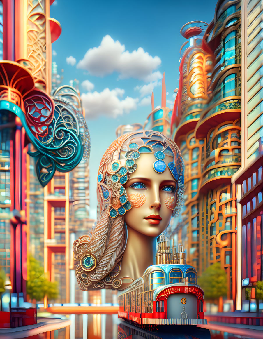 Surreal image: Woman's head merges with architecture in vibrant futuristic cityscape