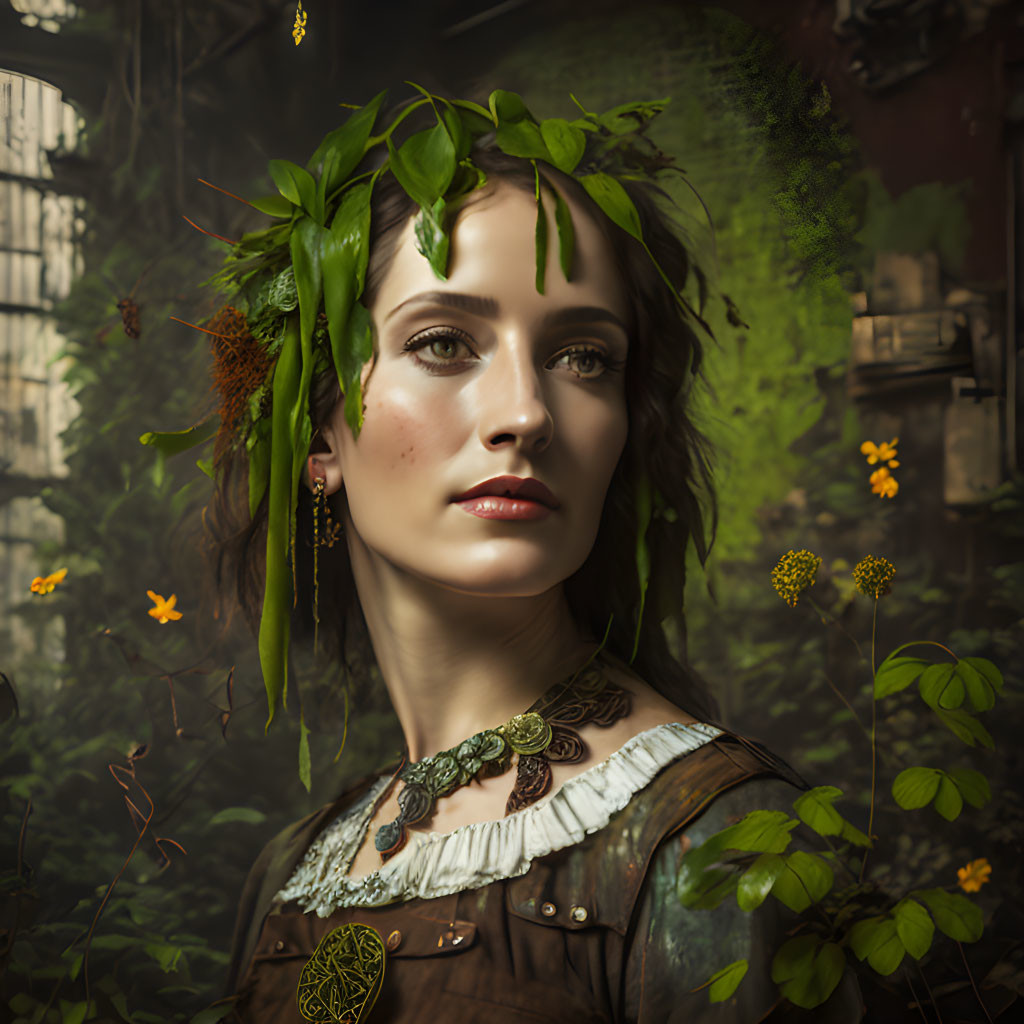 Serene woman portrait with green foliage in hair and lush greenery backdrop