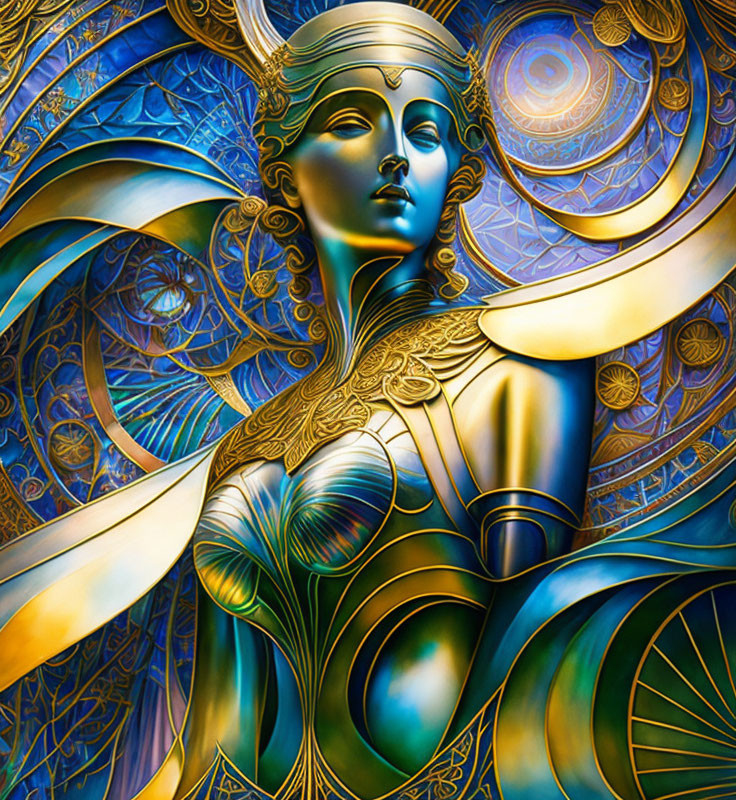 Metallic female figure with blue and gold armor-like patterns in abstract digital art