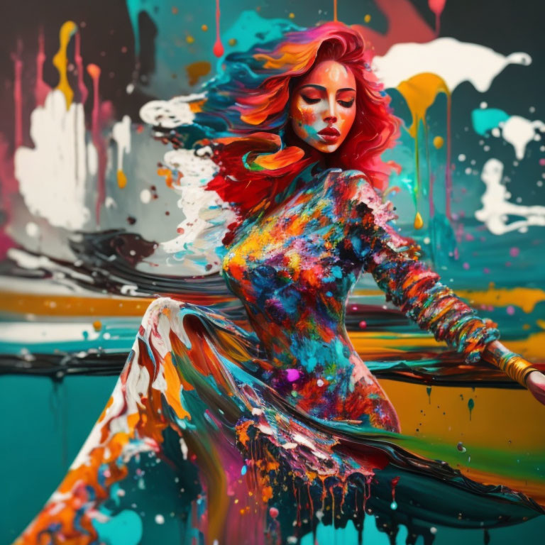 Colorful Abstract Art: Woman with Flowing Hair and Dress in Vibrant Painting