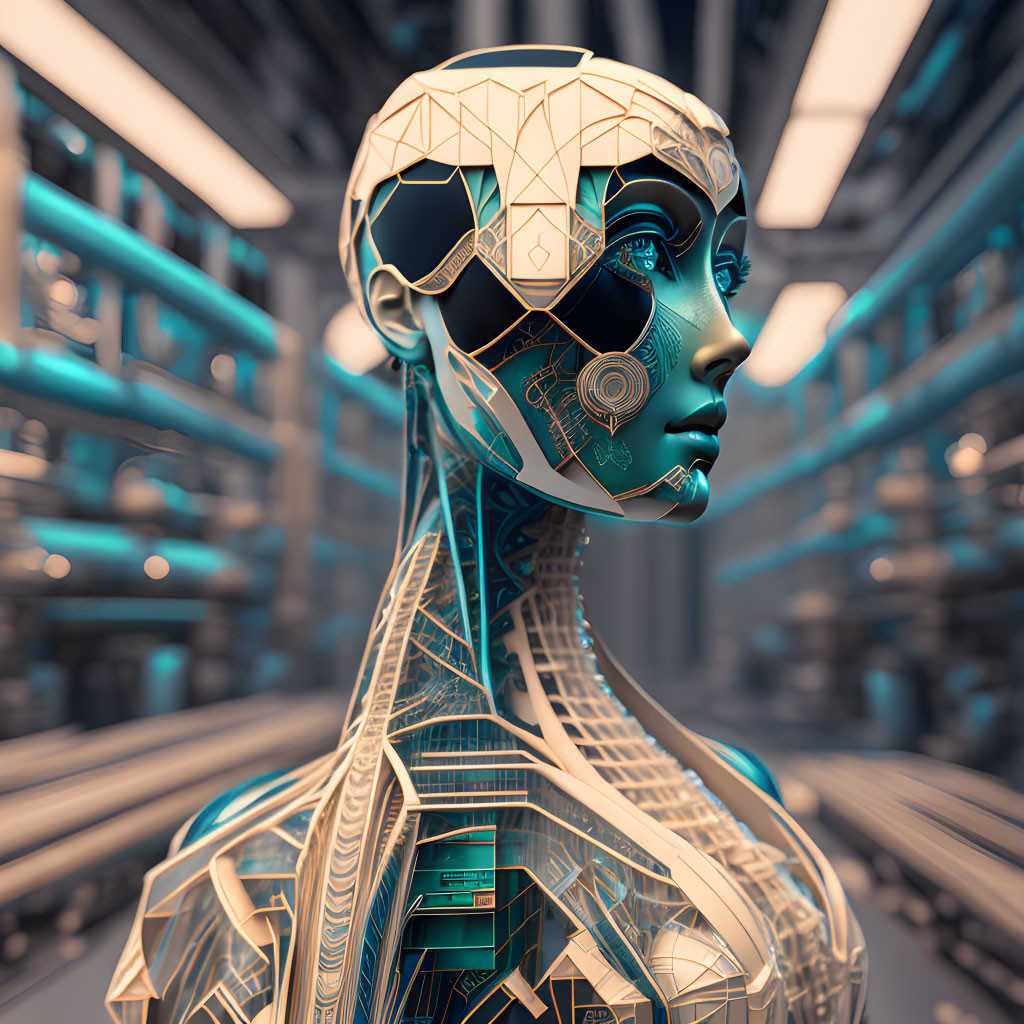 Detailed 3D female robot with intricate head patterns in futuristic data center.