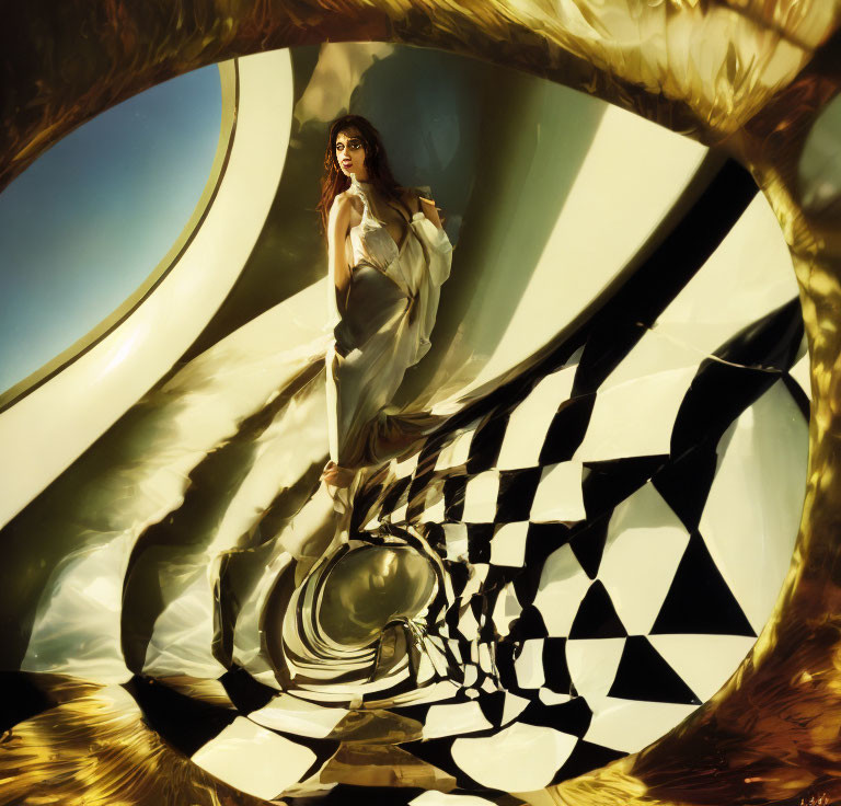 Woman in flowing dress inside surreal, spiral structure with reflective gold and black surfaces