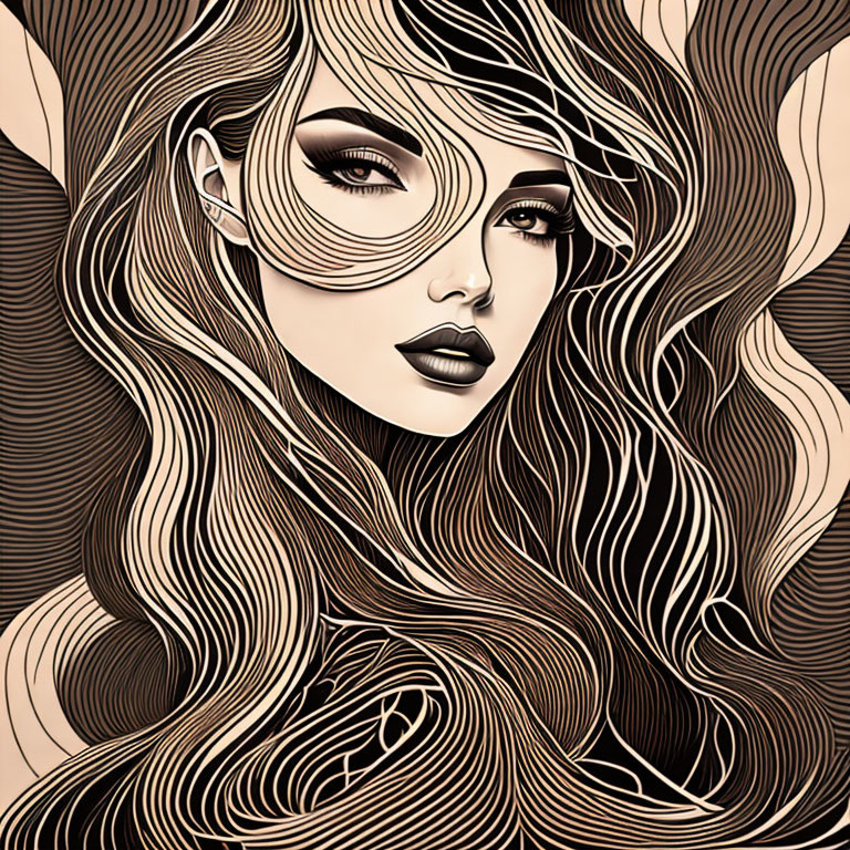 Stylized monochromatic illustration of woman with flowing hair and bold makeup