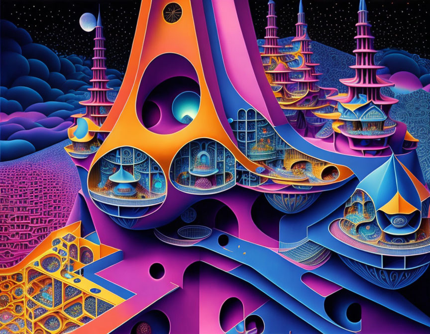 Vibrant psychedelic architecture against starry night sky