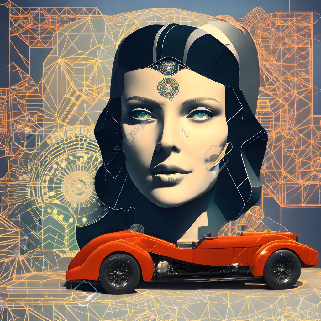 Futuristic female android head with red vintage car on geometric golden background