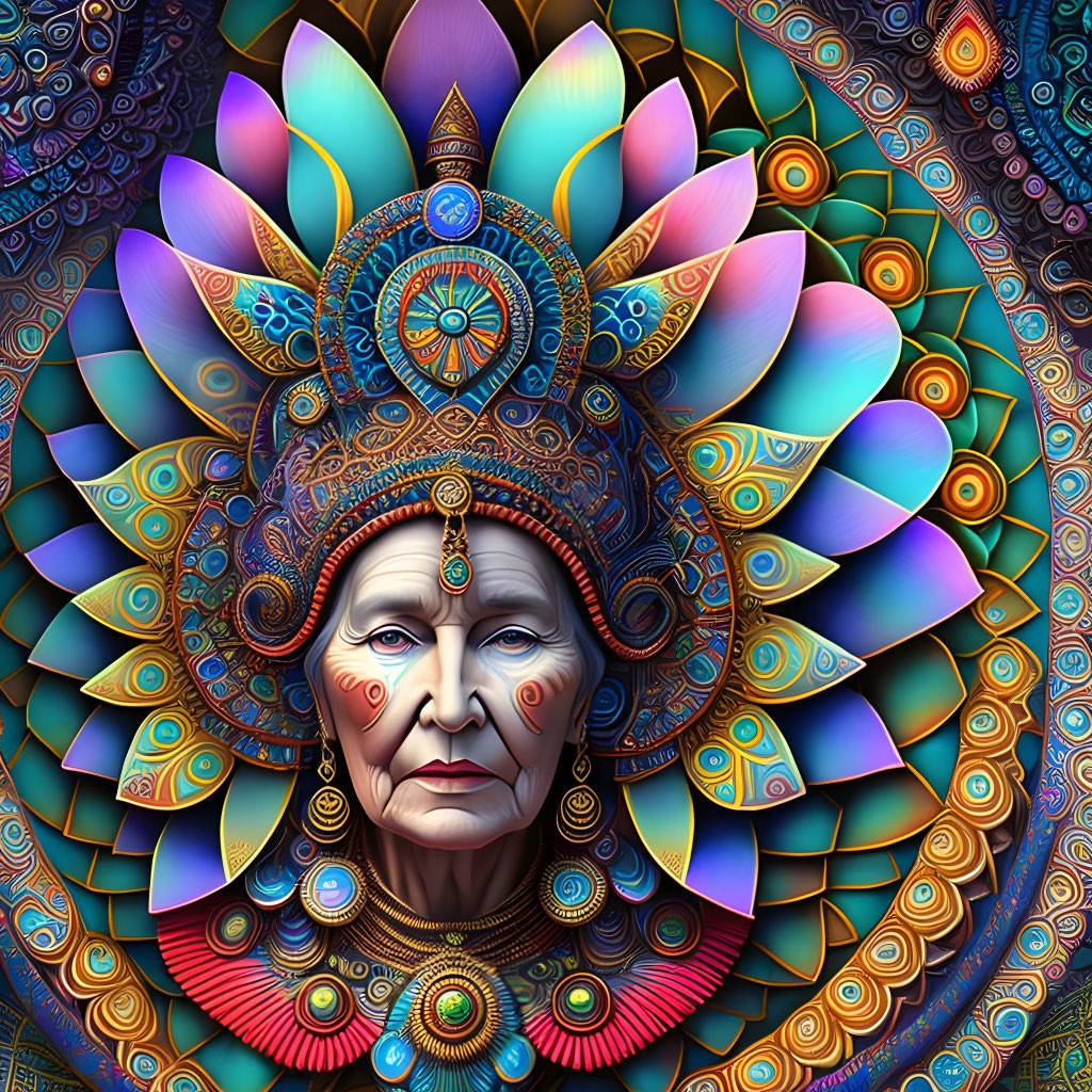 Regal figure with ornate headdress in colorful digital art