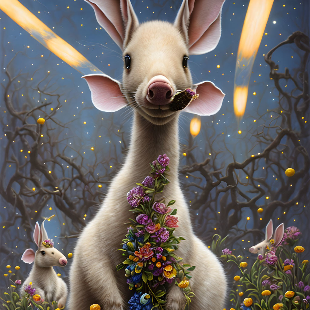 Whimsical kangaroo family with vibrant flowers in mystical setting