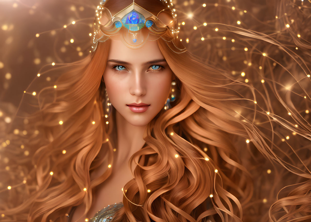 Golden-haired woman with jewel tiara and twinkling lights