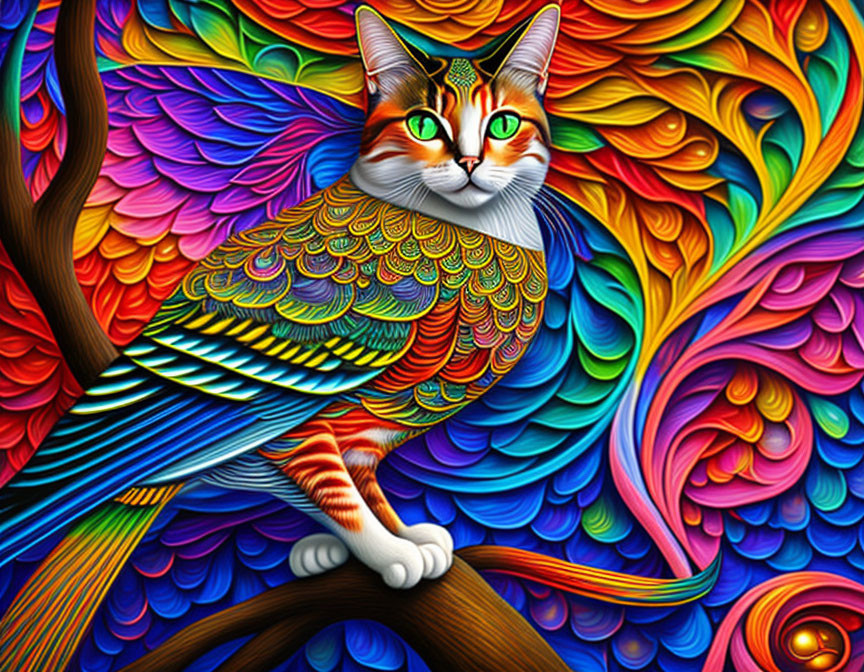 Colorful digital artwork of cat with feather-like fur on branch