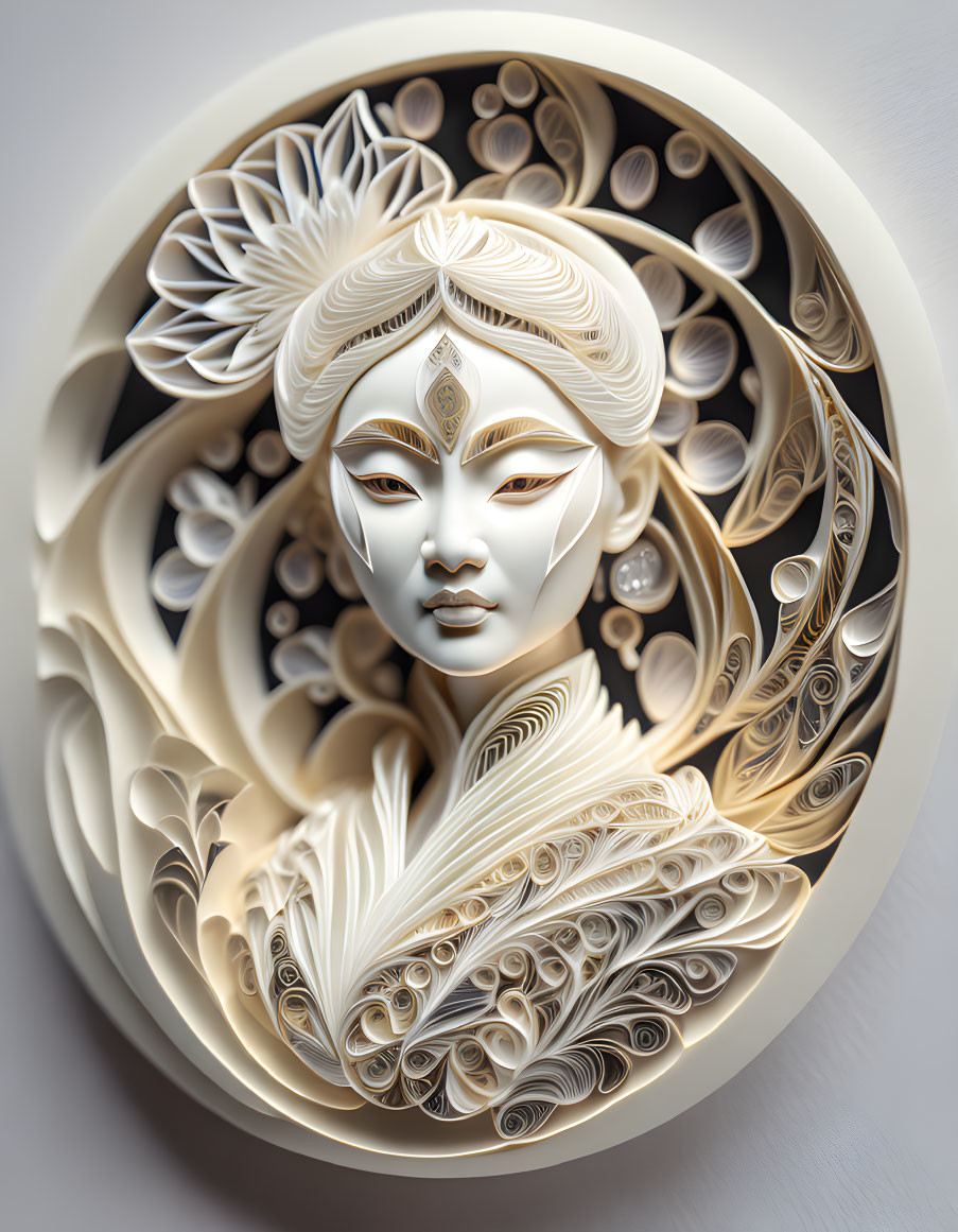 Detailed paper quilling art: Woman's face with floral and swirl patterns