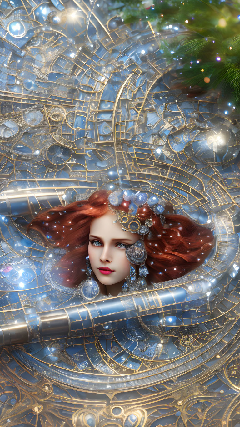 Surreal clockwork-themed woman portrait with intricate gears