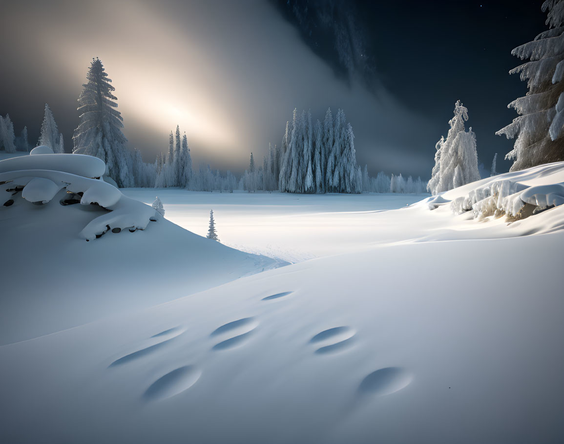 Snow-covered trees and frozen lake in serene winter landscape at night