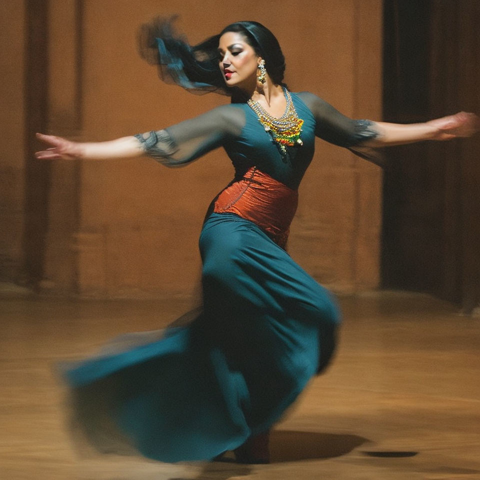 Elegant Dancer in Teal Dress and Orange Sash Twirling