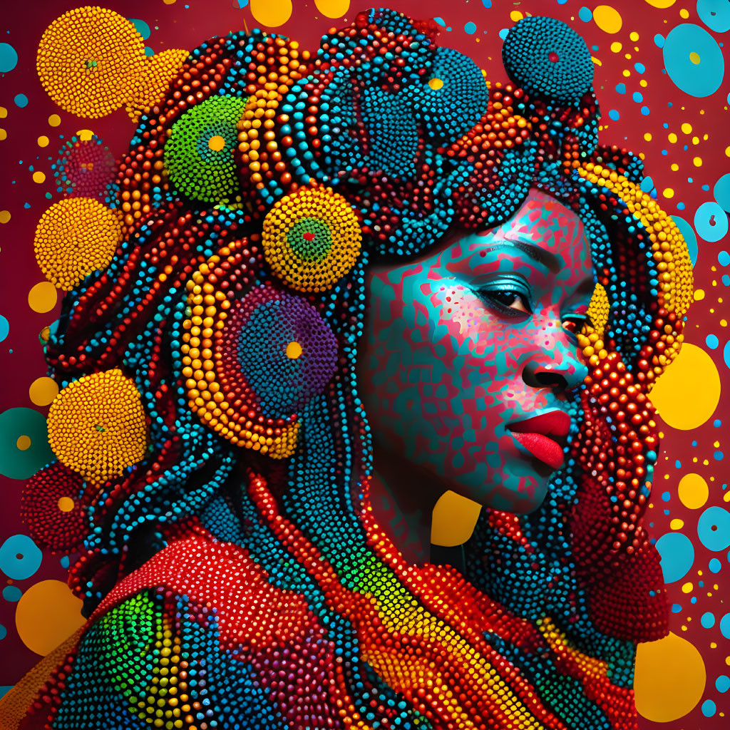 Colorful portrait of woman with dotted patterns on hair and skin