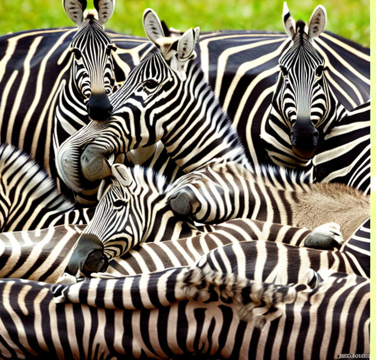 Huddled group of zebras with distinctive black and white stripes