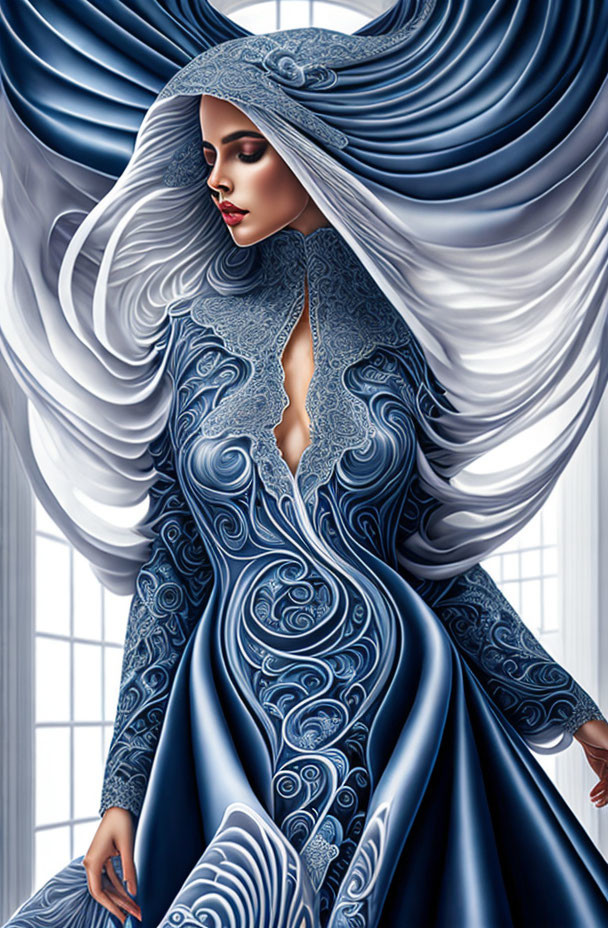 Illustrated woman in blue gown with intricate patterns and matching hooded cloak