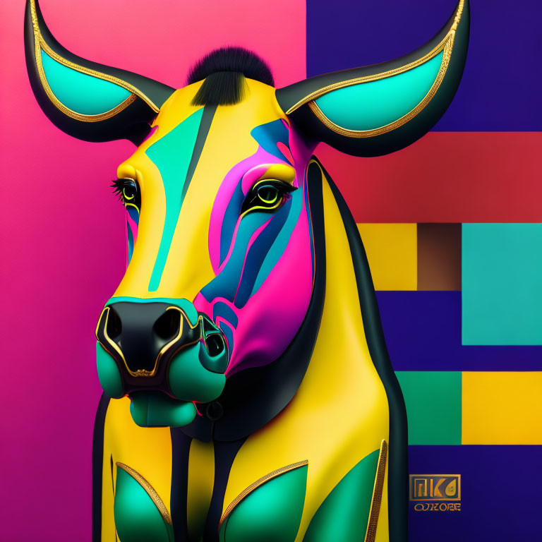 Colorful Cow Illustration with Geometric Background in Pink, Yellow, Blue, and Purple