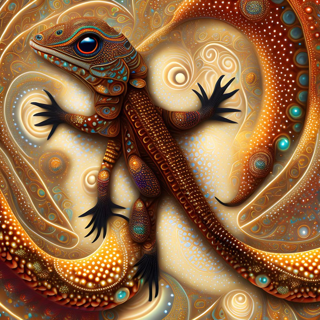 Highly detailed ornate lizard on swirling background