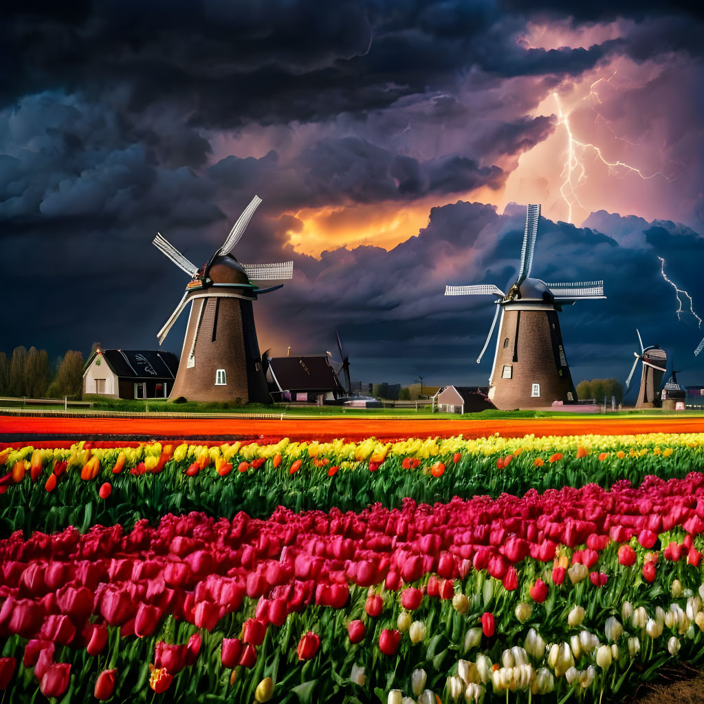 Traditional windmills and tulip fields under dramatic stormy sky