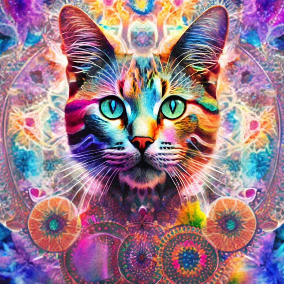 Colorful psychedelic cat with blue eyes on intricate kaleidoscopic background