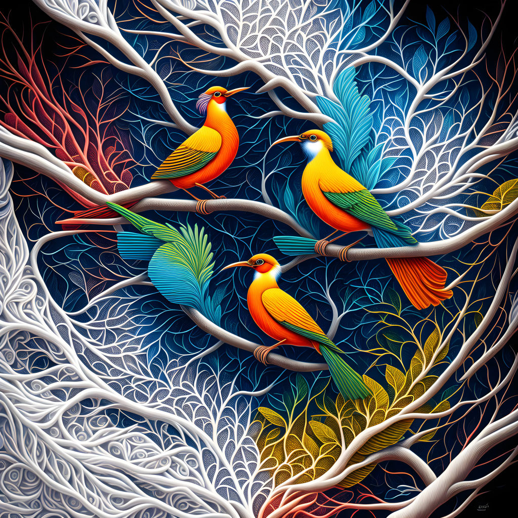 Colorful Birds Perched on Interwoven Branches Amid Intricate Leaf Patterns