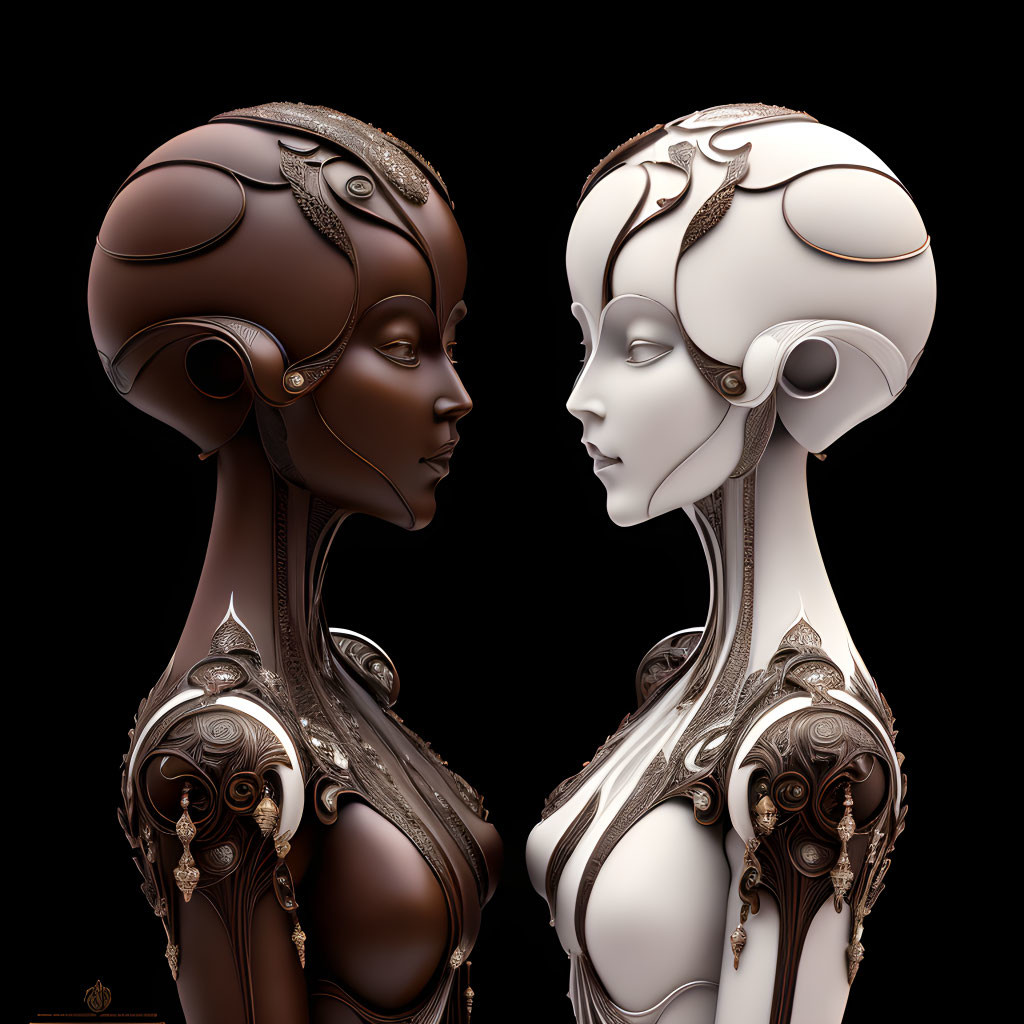 Stylized female figures with ornate futuristic headpieces on dark background