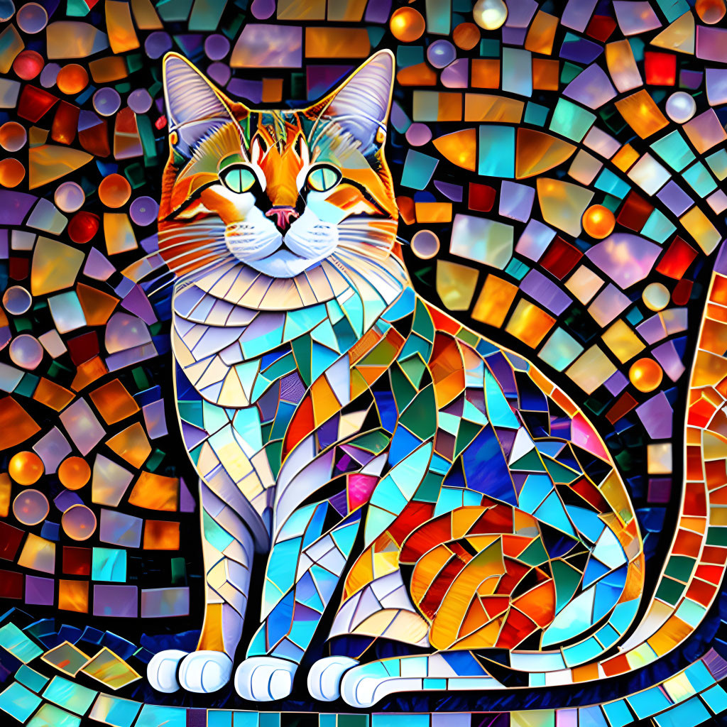 Colorful Cat Mosaic with Stained Glass Appearance