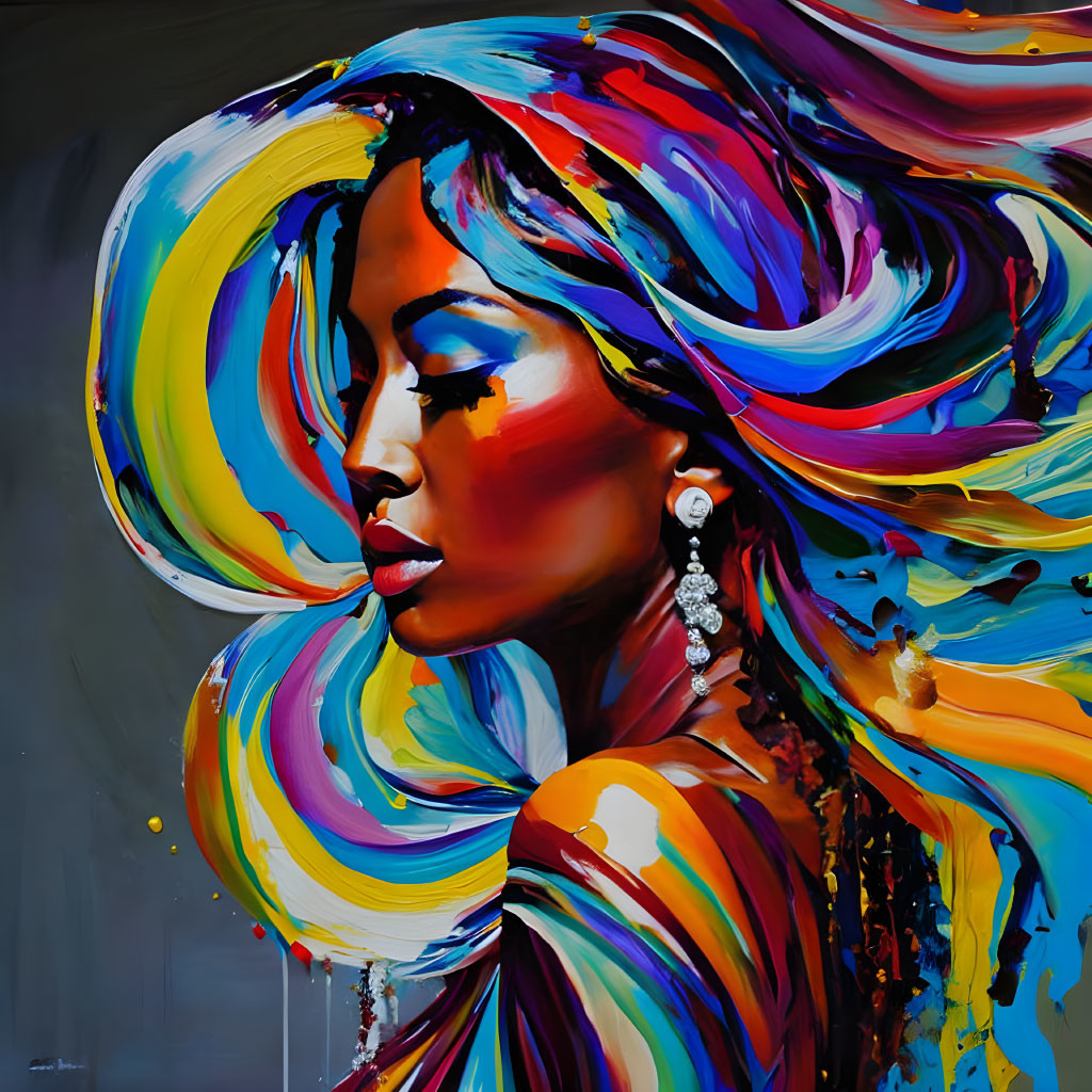 Colorful Abstract Portrait of Woman with Swirls for Hair in Reds, Golds, and Blues