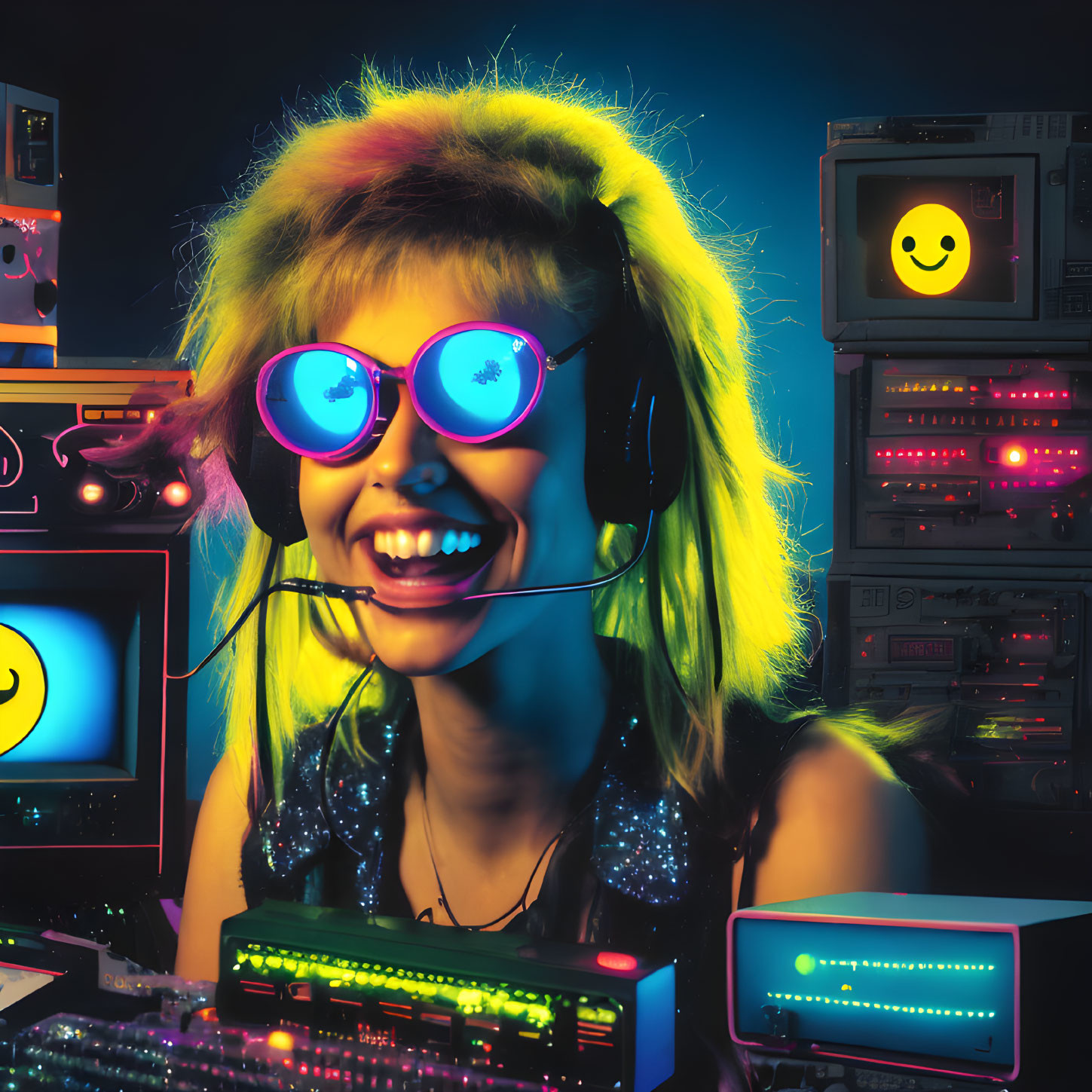 Colorful woman with neon-lit sunglasses and headphones posing with retro electronic equipment and smiley face display