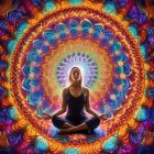 Person meditating surrounded by vibrant mandala patterns