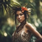 Woman in Floral Crown and Golden Dress Amidst Blurry Green Background