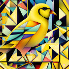 Colorful Digital Art: Yellow Bird with Geometric Mosaic Background