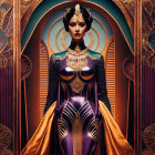 Detailed digital illustration: Woman with dramatic makeup in ornate dress and exotic headdress.